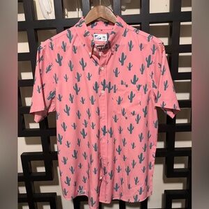 Men's Pink Short-Sleeve Button-Down Shirt with Cactus Print